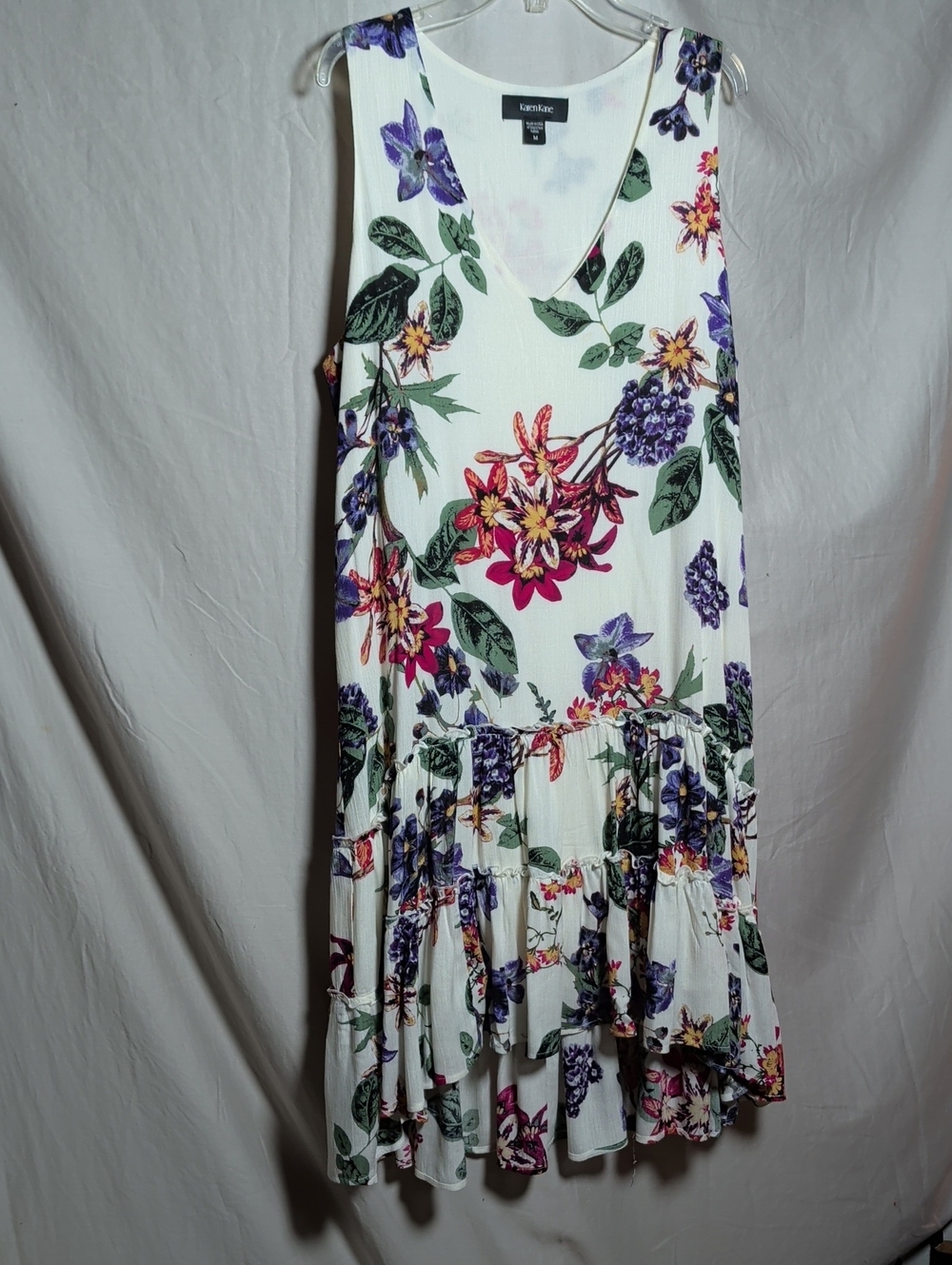 Karen Kane White Floral V-Neck Tiered Ruffle Dress Casual To Event Wear
